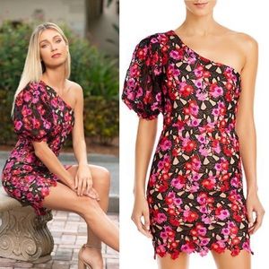 Dress the Population Gabriella Embroidered Floral Lace Puff One Sleeve Dress